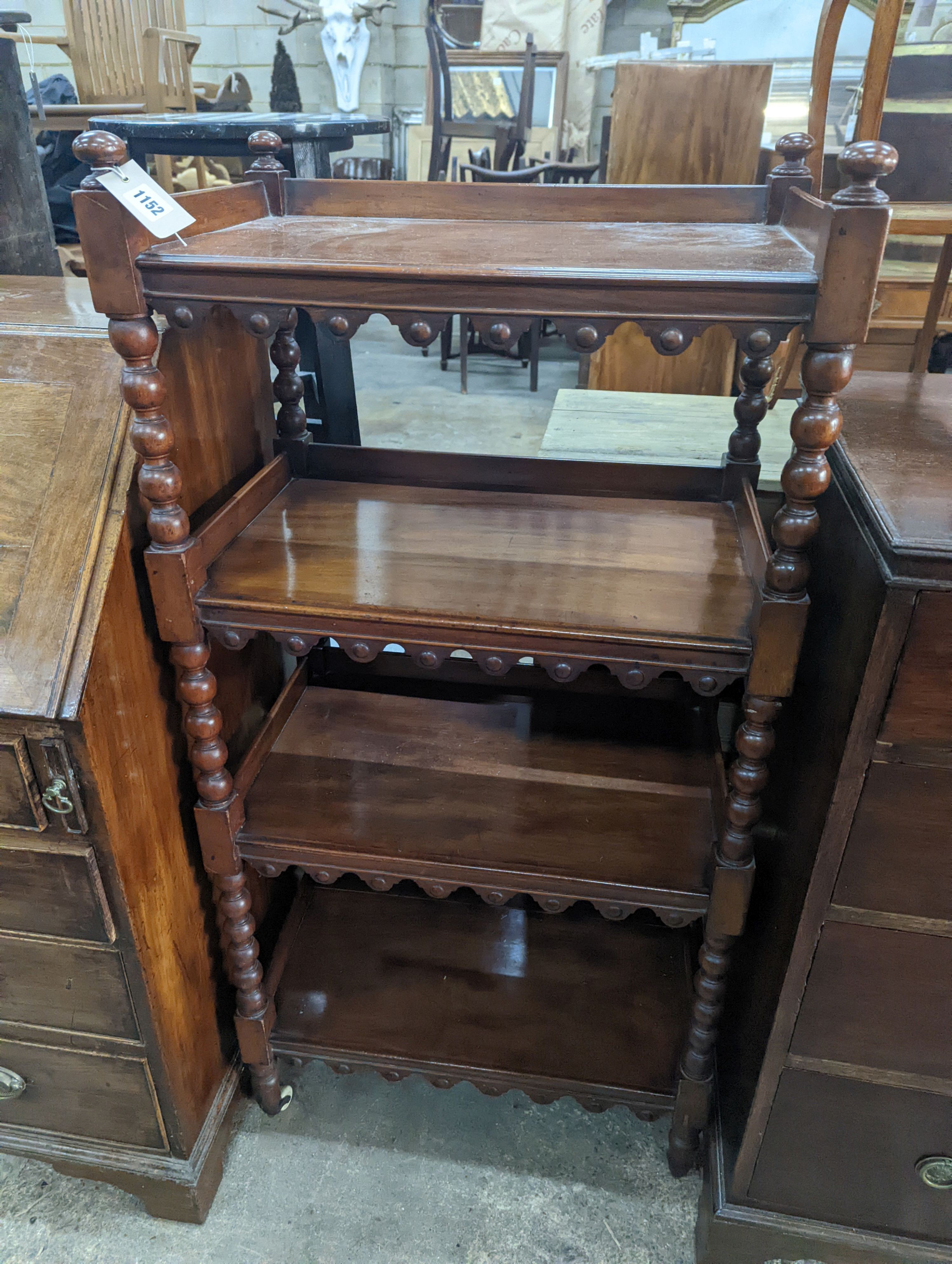 A Victorian mahogany four tier whatnot, width 59cm, depth 39cm, height 122cm